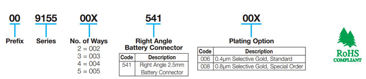 Right Angle 2.5mm Pitch Battery: 9155-500